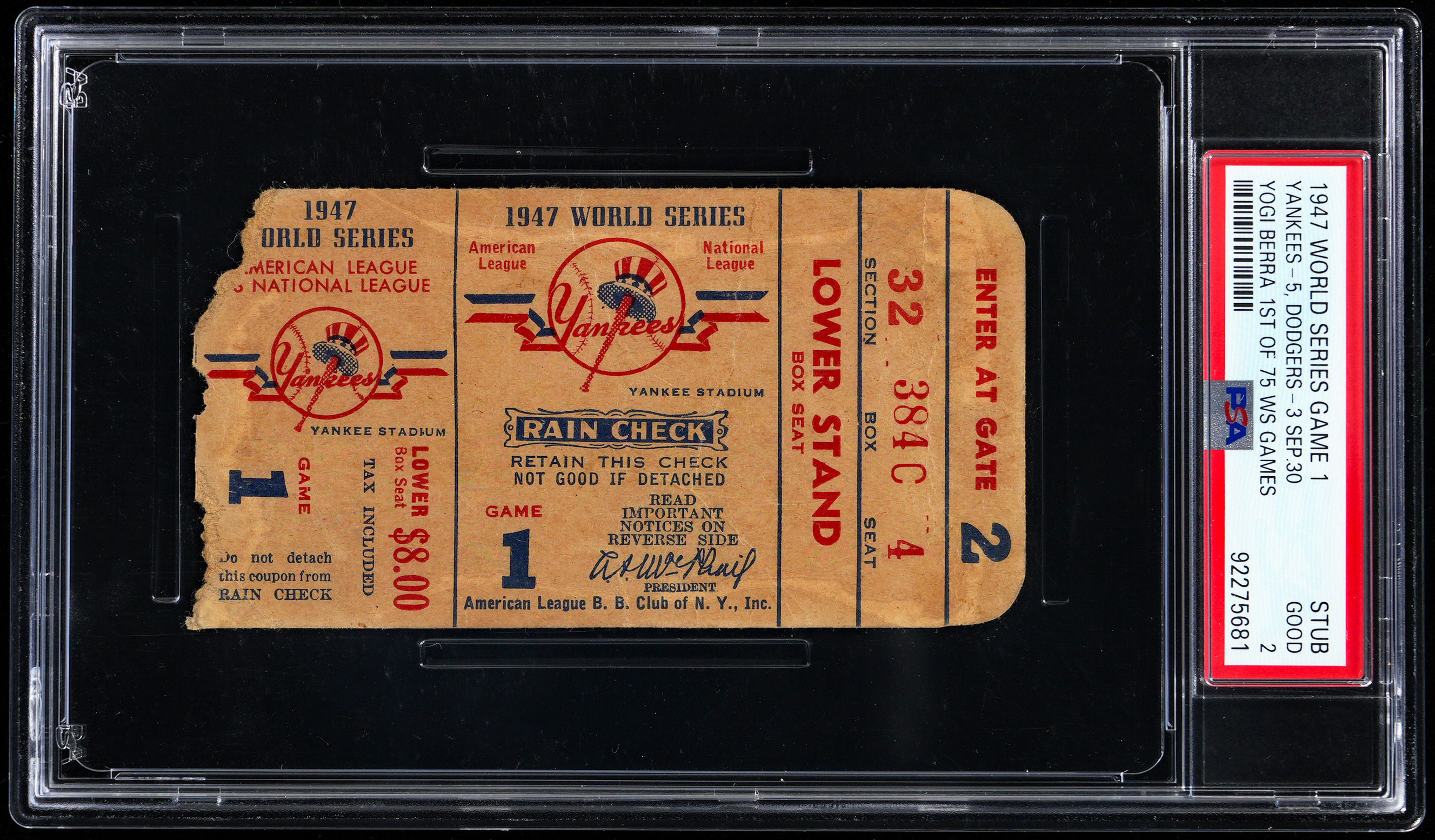 1947 New York Yankees vs. Brooklyn Dodgers World Series Game 1 Ticket Stub PSA GOOD 2 - Jackie Robinson World Series Debut